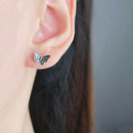 925 Sterling Silver Butterfly Stud Earrings with Dark Vintage Finish - sugarkittenlondon