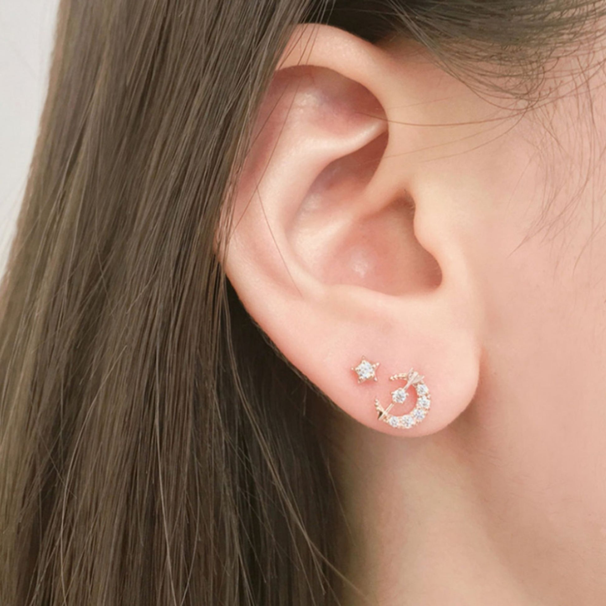 Rose Gold Moon Star Stud Earrings with CZ Love Arrow on sterling silver - sugarkittenlondon