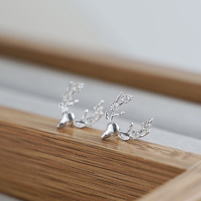 925 Sterling Silver Minimalist Skull Earrings with Deer Head and Flowers - sugarkittenlondon