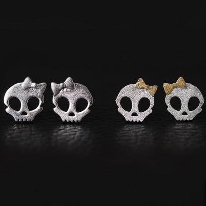 Sterling Silver Matte Sugar Bow Skull Skeleton Post Studs Earrings - sugarkittenlondon