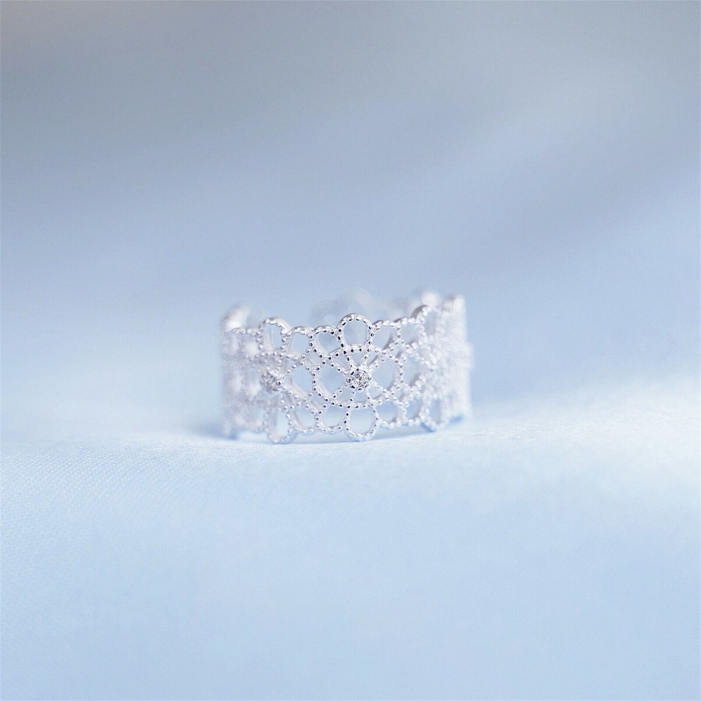 Sterling Silver CZ Filigree Lace Floral Wide Open Band Ring - sugarkittenlondon