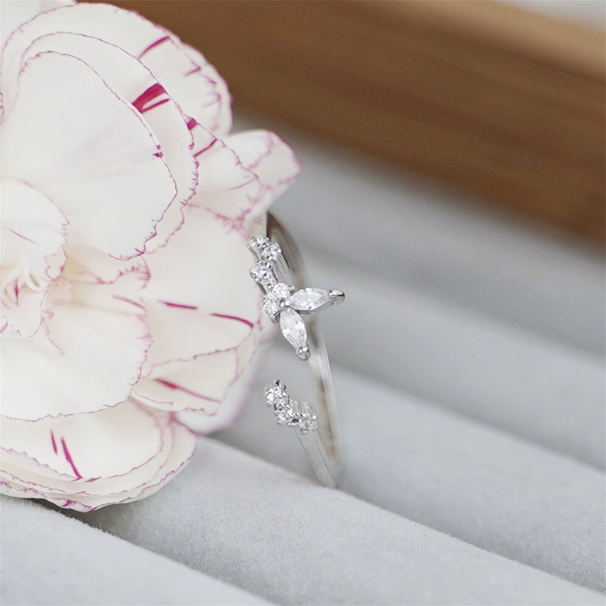 Open-Ended Rhodium-plated Sterling Silver Butterfly Ring with Sparkling CZ - sugarkittenlondon
