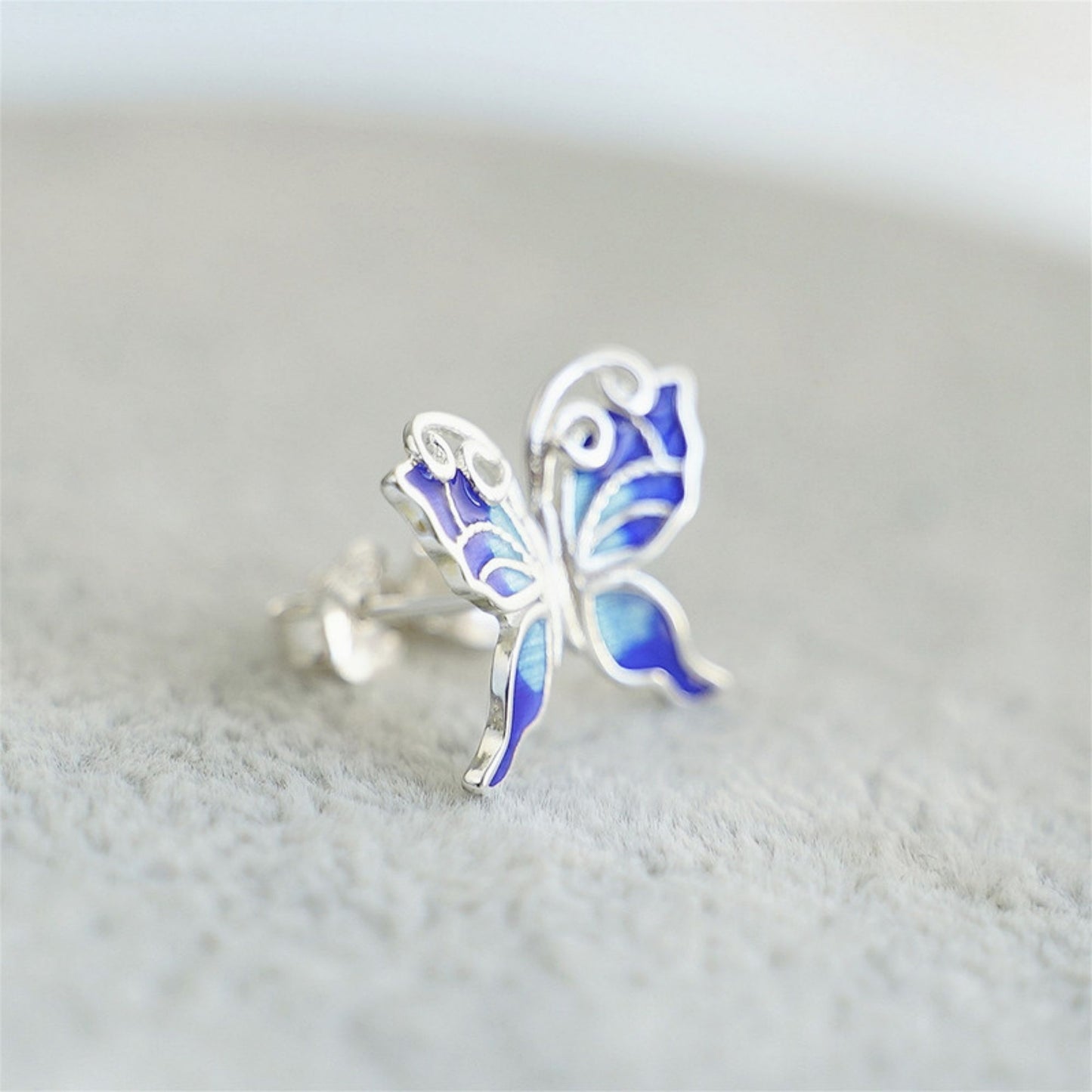 925 Sterling Silver Butterfly Wing Earrings with Blue Enamel for Butterfly lovers - sugarkittenlondon