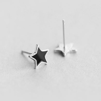 Black Star Stud Earrings in Rhodium Plated Sterling Silver - 8mm Size Earrings - sugarkittenlondon