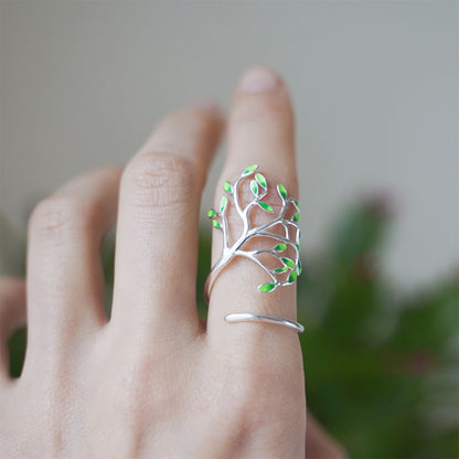 Tree of Life Ring in Sterling Silver with Green Glazed Leaves and Forest Branches - sugarkittenlondon