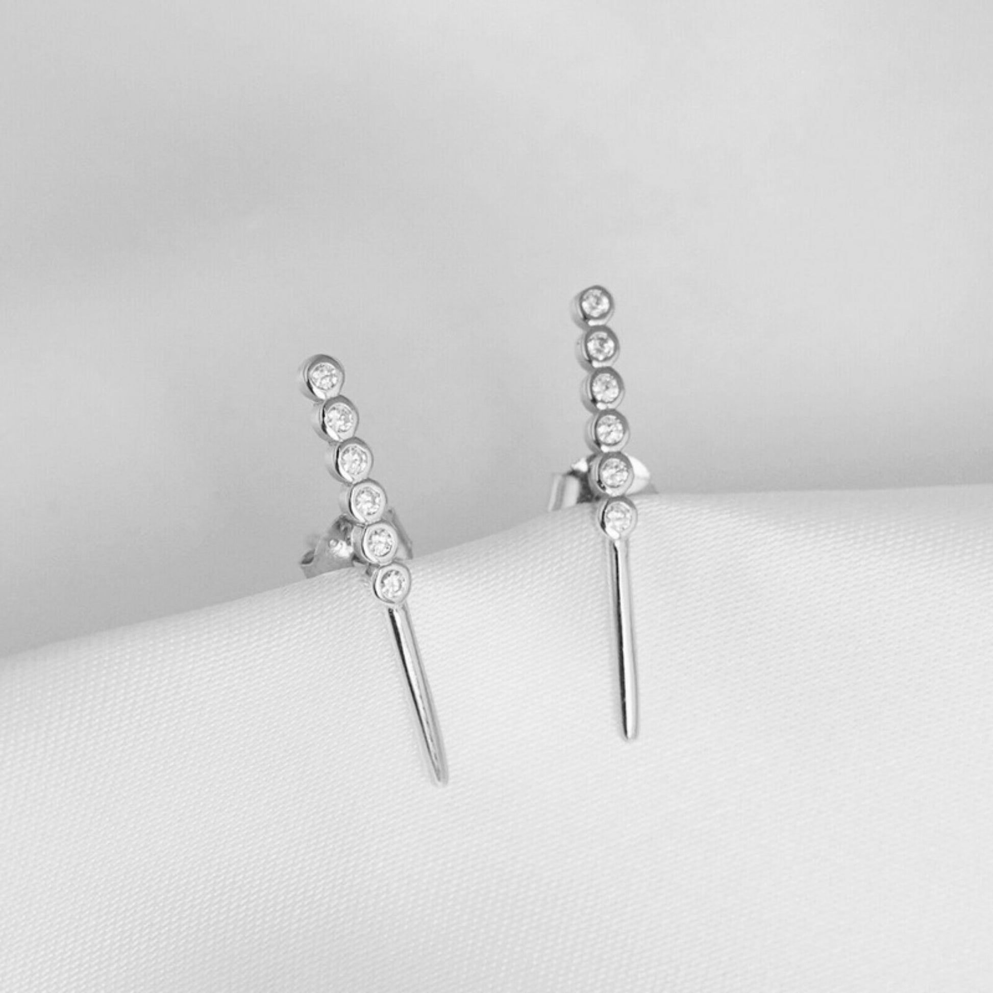 Sterling Silver Pointy Bar Linked Bezel CZ Line Stud Climber Drop Earrings - sugarkittenlondon