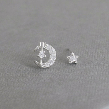 Sterling Silver Moon Star Love Arrow Stud Earrings with CZ Paving and Rhodium Plating - sugarkittenlondon
