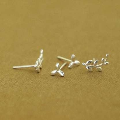 2 Pairs Sterling Silver Asymmetry Leaf Olive Brach Post Stud Earrings Boxed - sugarkittenlondon