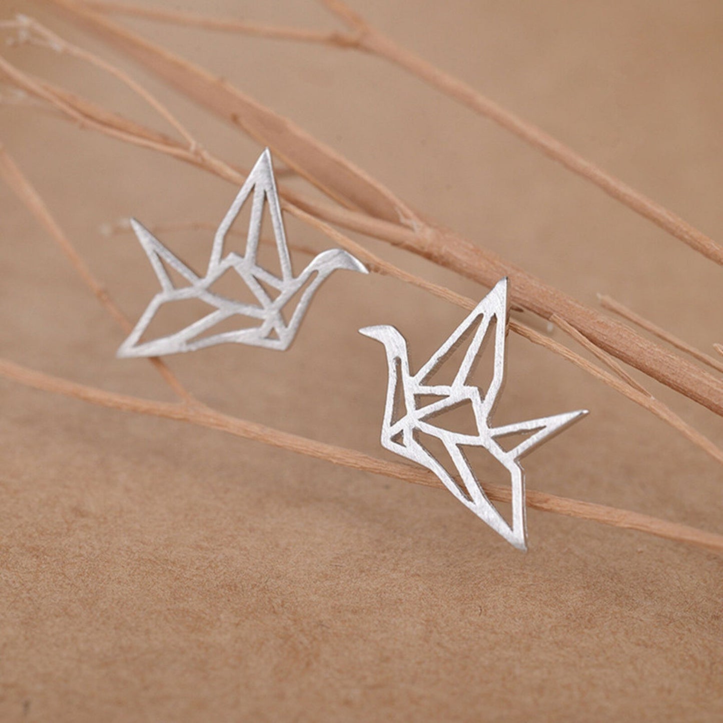 Sterling Silver Matte Brushed Origami Crane Bird Girls Stud Earrings - sugarkittenlondon
