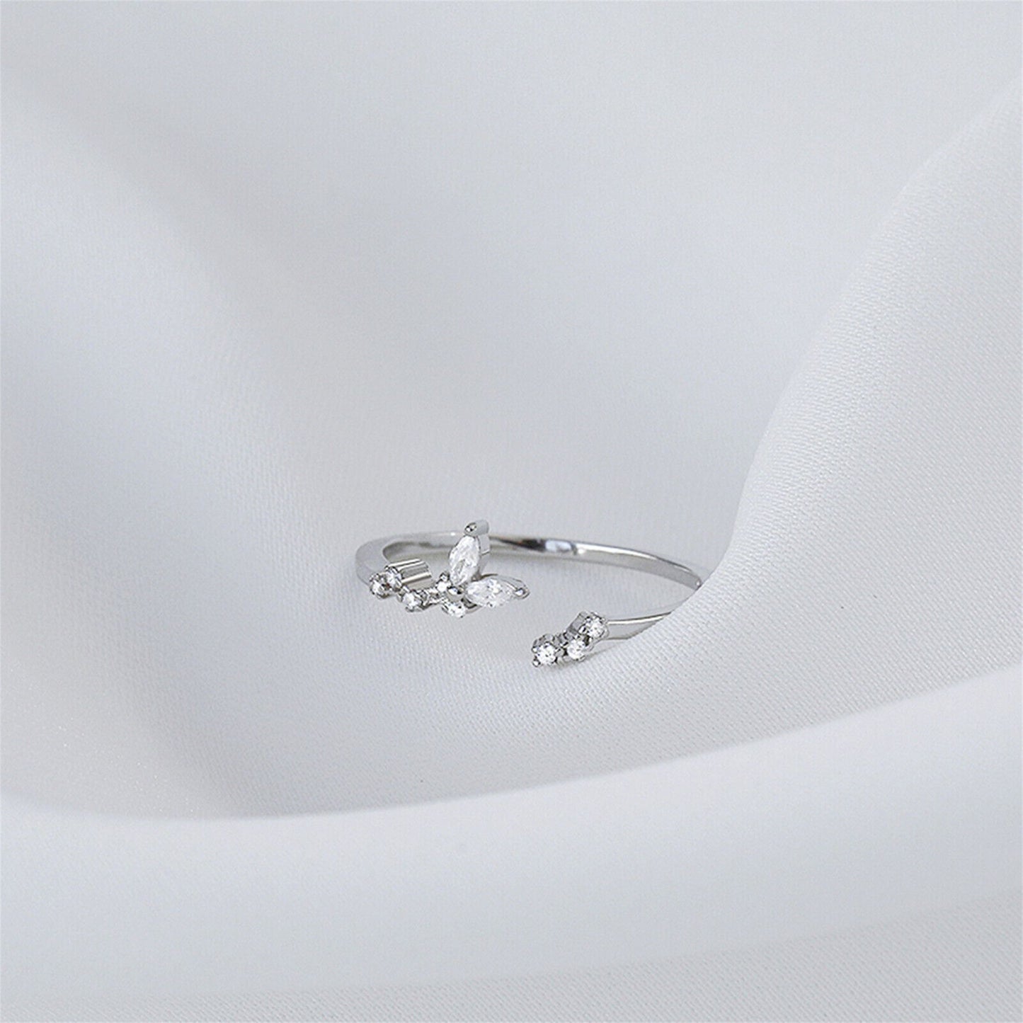 Open-Ended Rhodium-plated Sterling Silver Butterfly Ring with Sparkling CZ - sugarkittenlondon