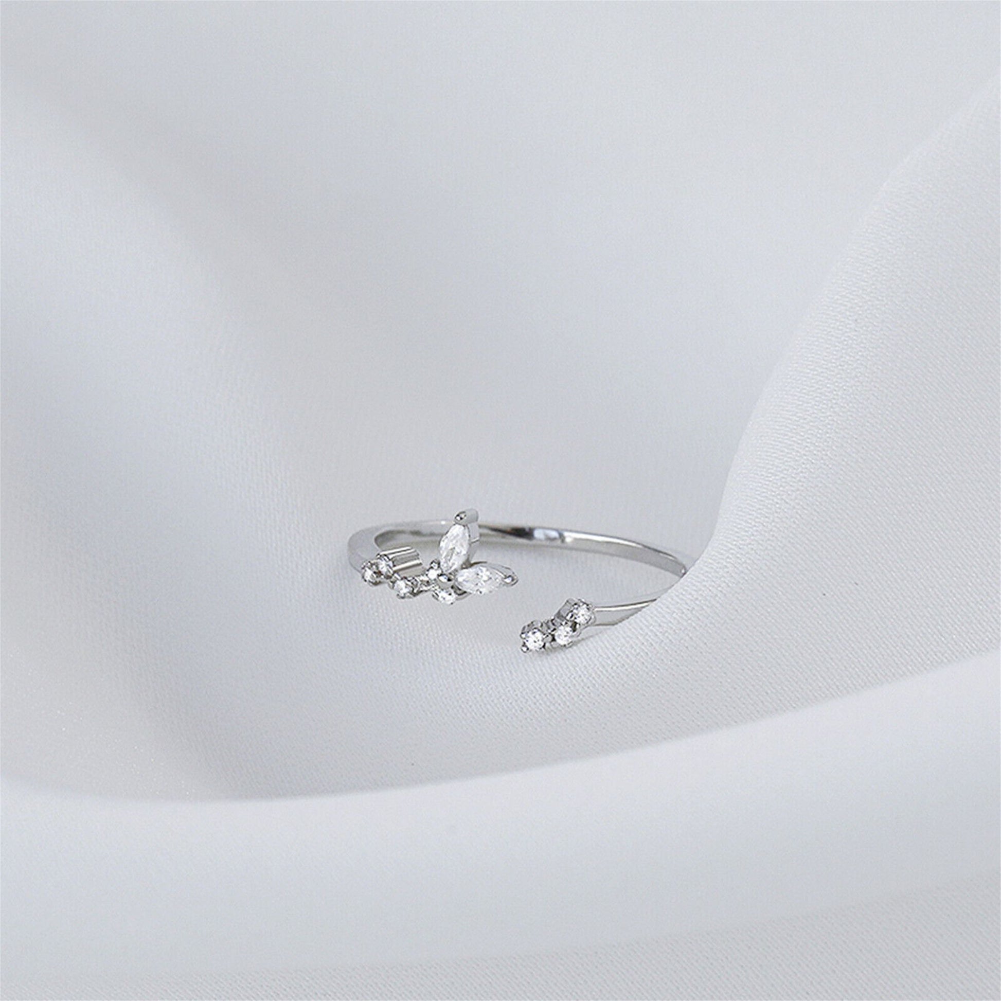 Open-Ended Rhodium-plated Sterling Silver Butterfly Ring with Sparkling CZ - sugarkittenlondon