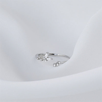 Open-Ended Rhodium-plated Sterling Silver Butterfly Ring with Sparkling CZ - sugarkittenlondon