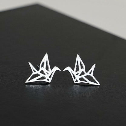 Sterling Silver Matte Brushed Origami Crane Bird Girls Stud Earrings - sugarkittenlondon