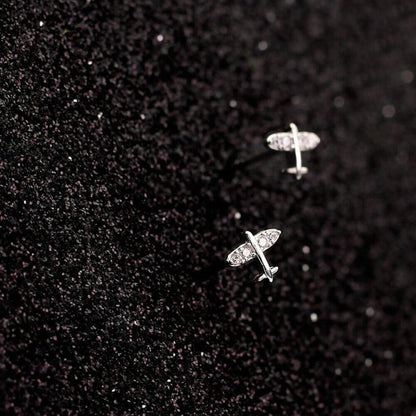 Mini CZ Airplane Stud Earrings in Sterling Silver with Rhodium Plating - sugarkittenlondon