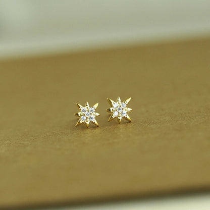 Star Stud Earrings in 18K Gold Plated Sterling Silver with CZ North Pole Design - sugarkittenlondon