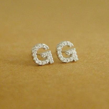 Sterling Silver CZ Alphabet Letter Stud Earrings A-Z - Paved with Cubic Zirconia - sugarkittenlondon