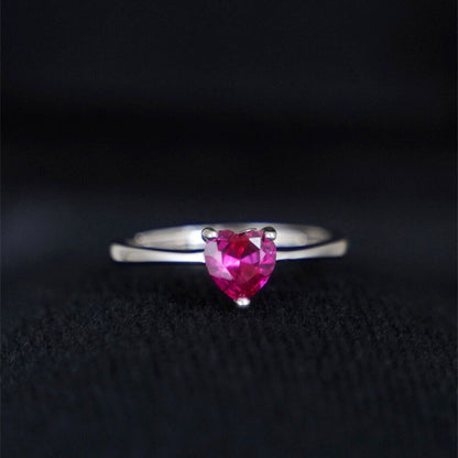 Rhodium on Sterling Silver Solitaire Heart Shaped Cut Magenta CZ Sizable Ring - sugarkittenlondon