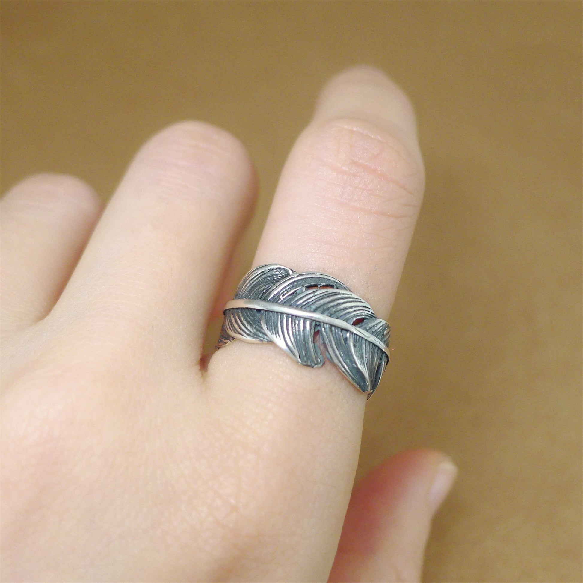 Sterling Silver Oxidized Feather Wrap Ring with Angel Wing Leaf - sugarkittenlondon