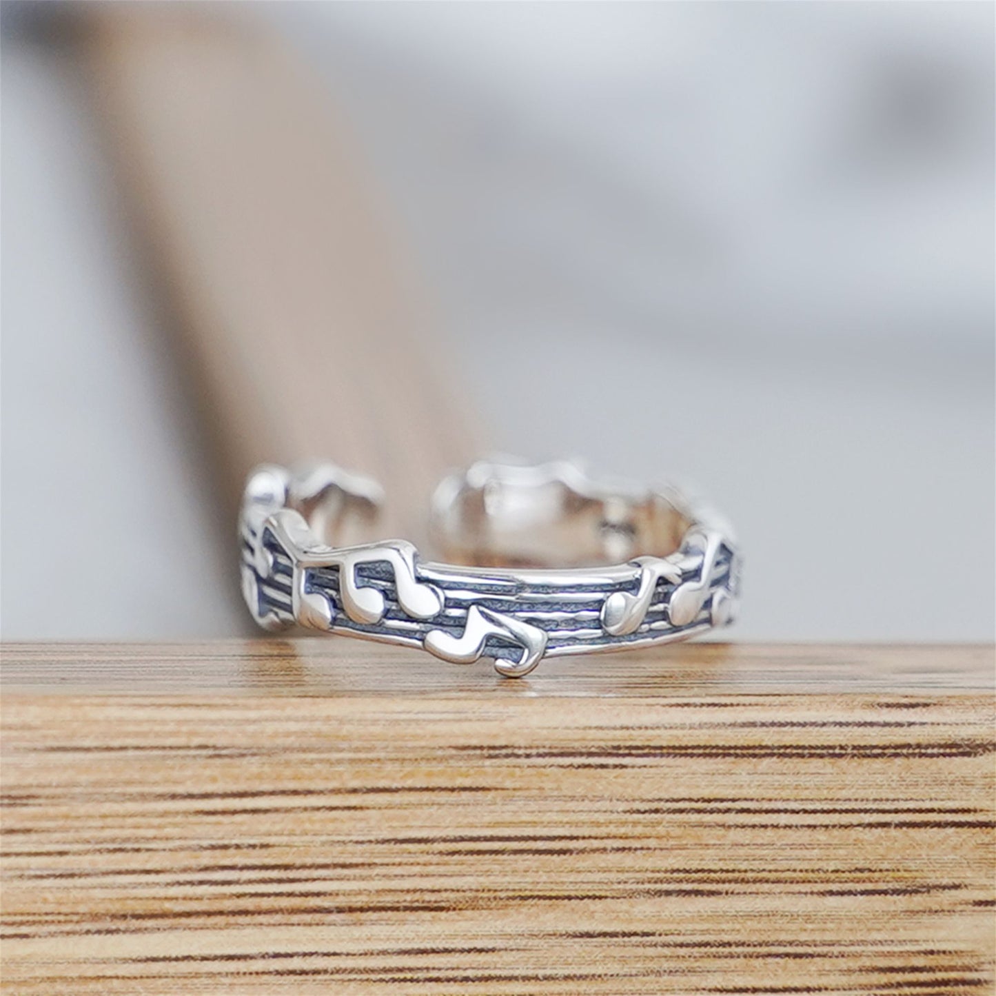 925 Sterling Silver Oxidized Musical Note Ring with Open Band - sugarkittenlondon