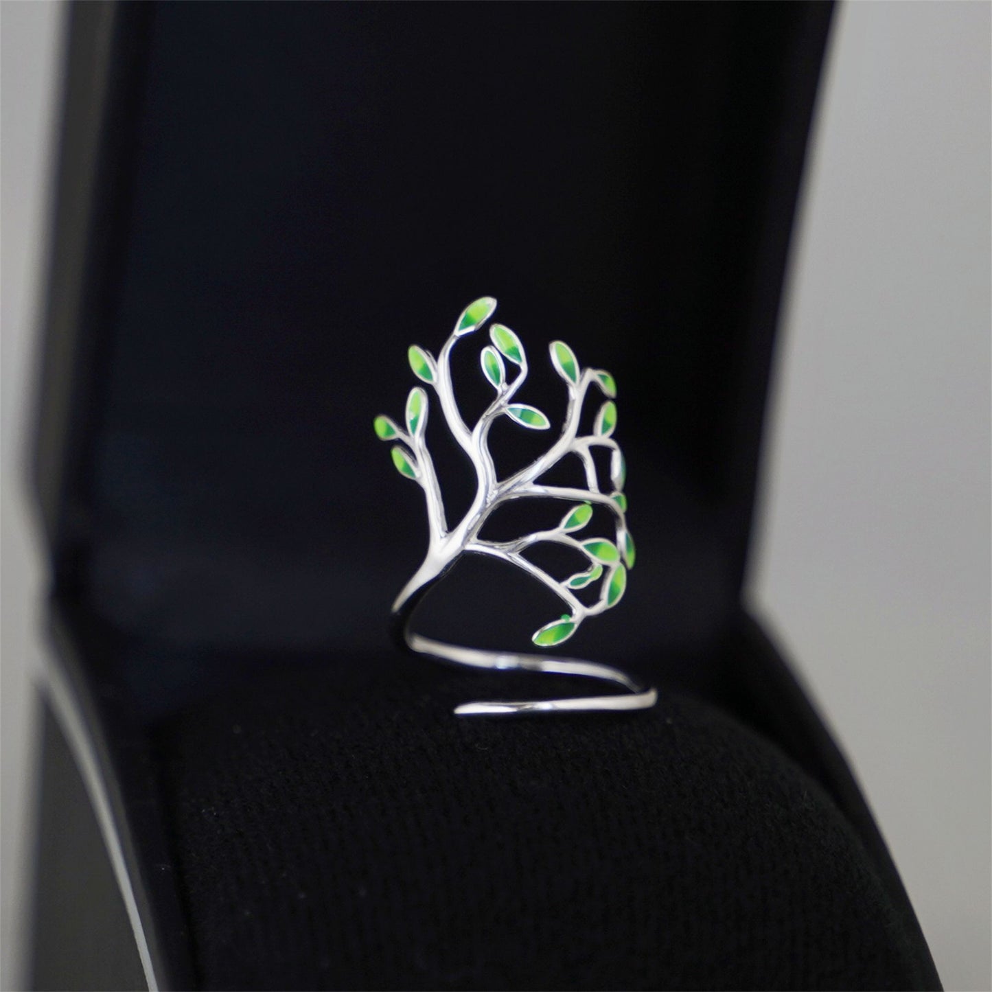Tree of Life Ring in Sterling Silver with Green Glazed Leaves and Forest Branches - sugarkittenlondon