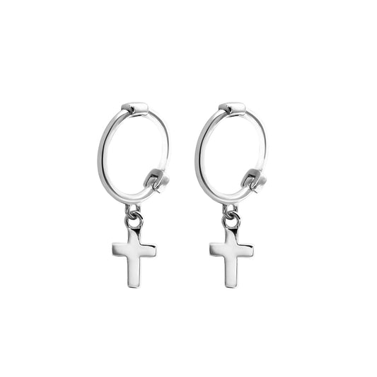 Unisex 8mm Sterling Silver Cross Hoop Earrings with Drop Charm - sugarkittenlondon