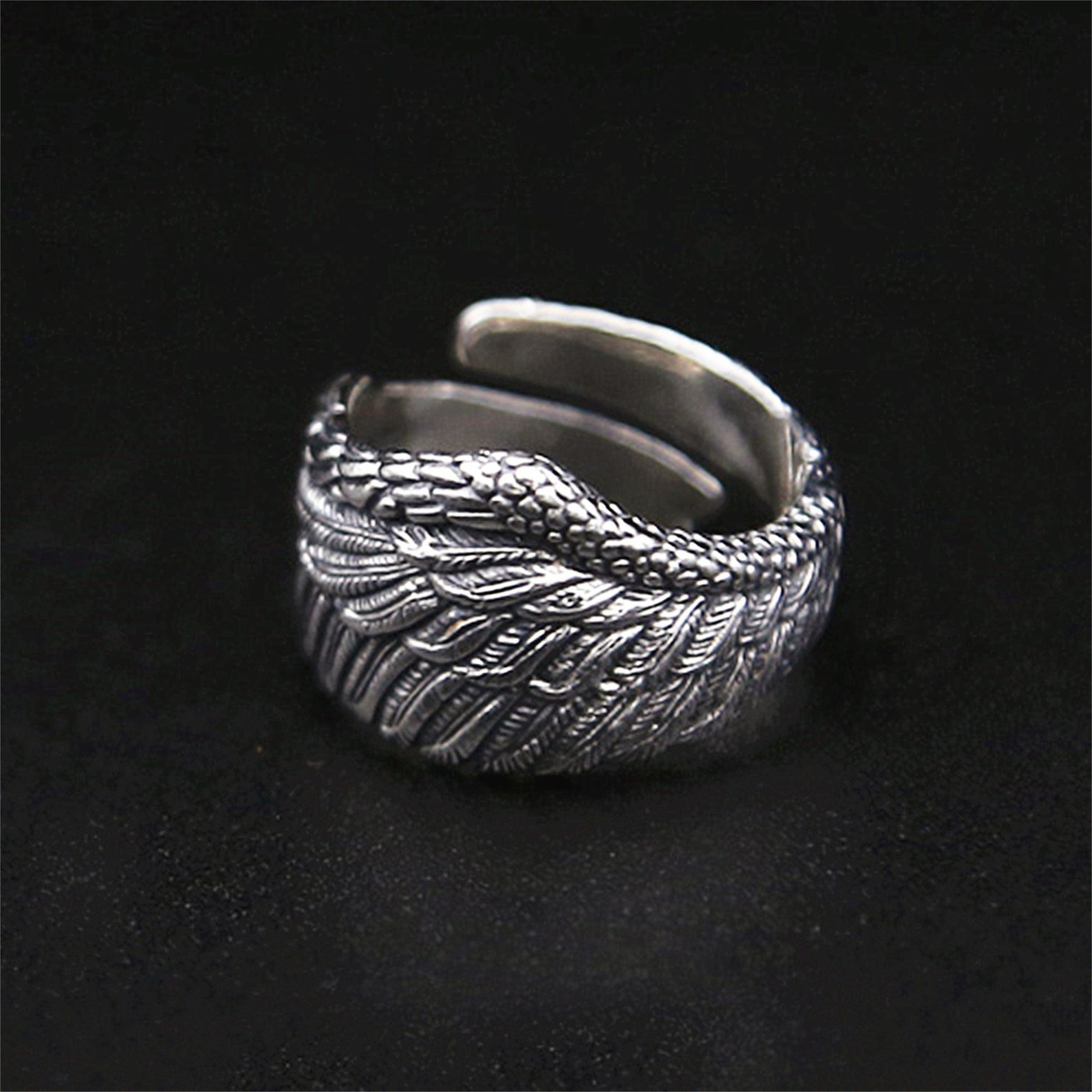 Hallmarked Sterling Silver Oxidized Wide Wrap Feather Eagle Wing Leaf Open Band Ring - sugarkittenlondon