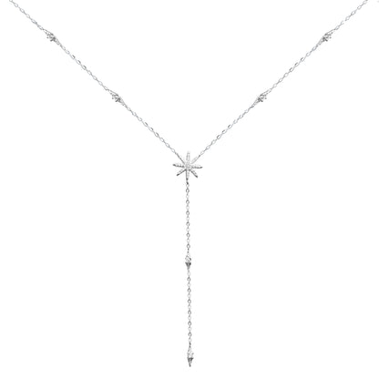 Sterling Silver Lariat Necklace with CZ Sunlight Star Sunburst Drop - sugarkittenlondon