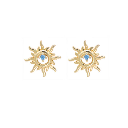 925 Sterling Silver Sun Earrings with 18K Gold Plating and Light Blue Aquamarine CZ - sugarkittenlondon