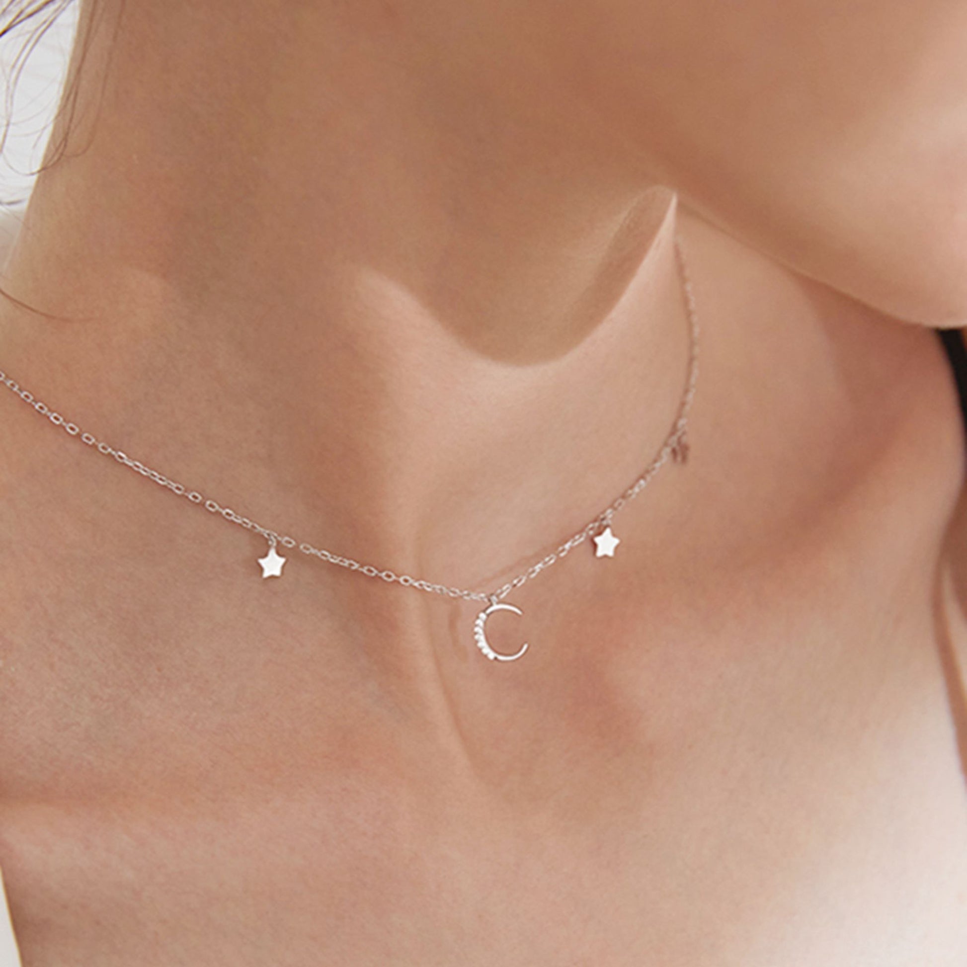 Mini Moon Star CZ Crescent Charm Drop Choker Necklace in Sterling Silver - sugarkittenlondon