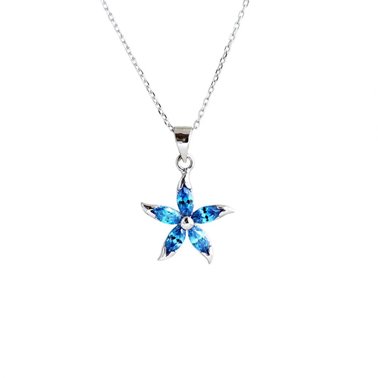 925 Sterling Silver Flower Pendant with Light Blue Sapphire CZ - sugarkittenlondon