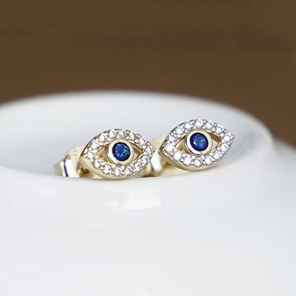 14K Gold on Sterling Silver Evil Eye Clear Blue Sapphire CZ Stud Earrings