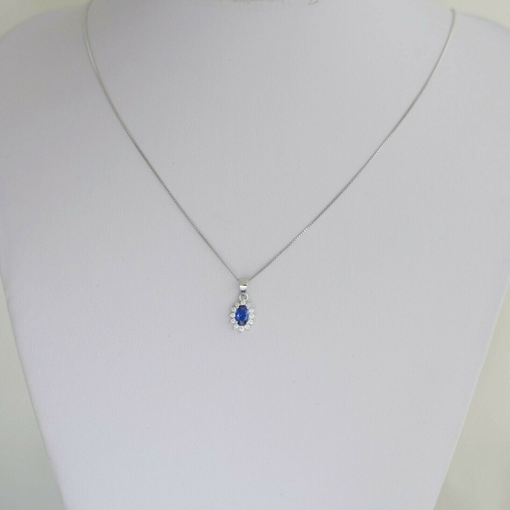 925 Sterling Silver Blue Sapphire Pendant Necklace with CZ Cluster - sugarkittenlondon