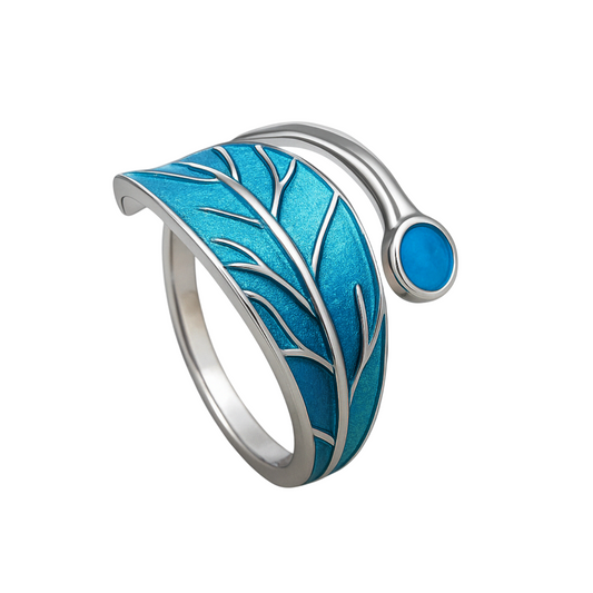 Sterling Silver Glazed Green Blue Tree Leaf Dot Wrap Open Band Ring