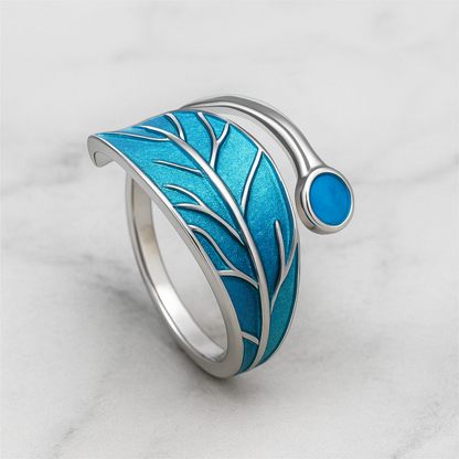 Sterling Silver Glazed Green Blue Tree Leaf Dot Wrap Open Band Ring