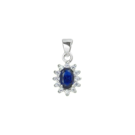 925 Sterling Silver Blue Sapphire Pendant Necklace with CZ Cluster - sugarkittenlondon