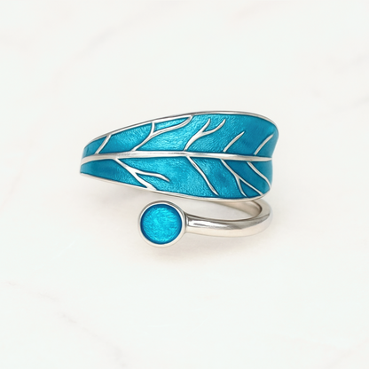 Sterling Silver Glazed Green Blue Tree Leaf Dot Wrap Open Band Ring