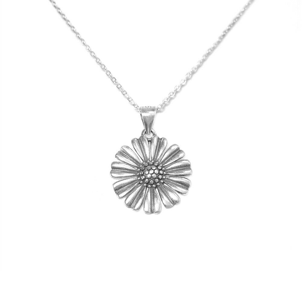 Sterling Silver 17mm Solid Oxidised Retro Daisy Sun Flower Pendant