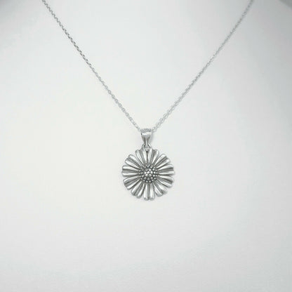 Sterling Silver 17mm Solid Oxidised Retro Daisy Sun Flower Pendant