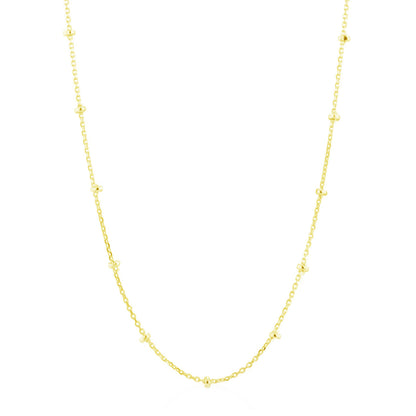 Gold beaded satellite chain necklace, long strand with small round bead links.