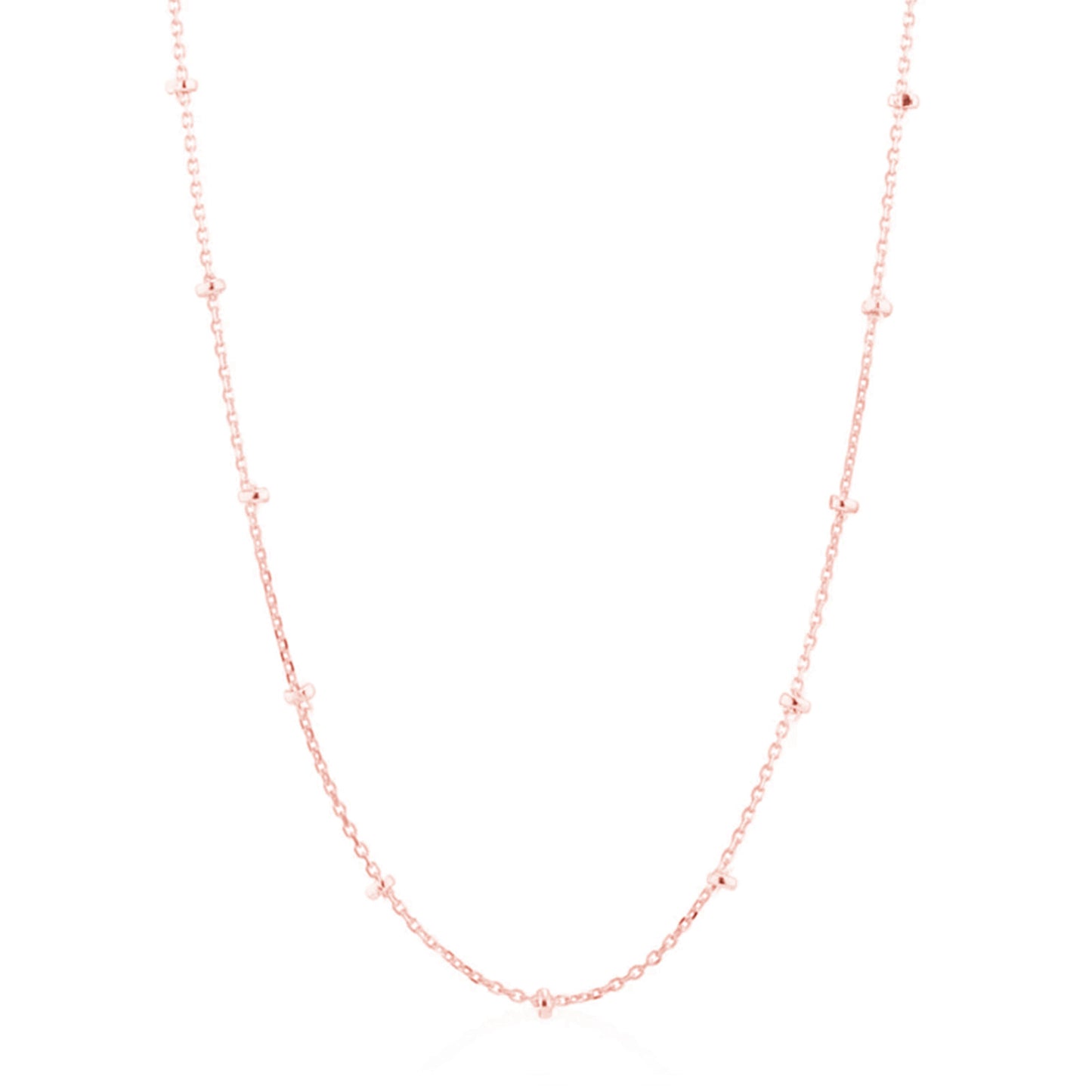 Rose gold beaded satellite chain necklace with small bead links and curved neckline.
