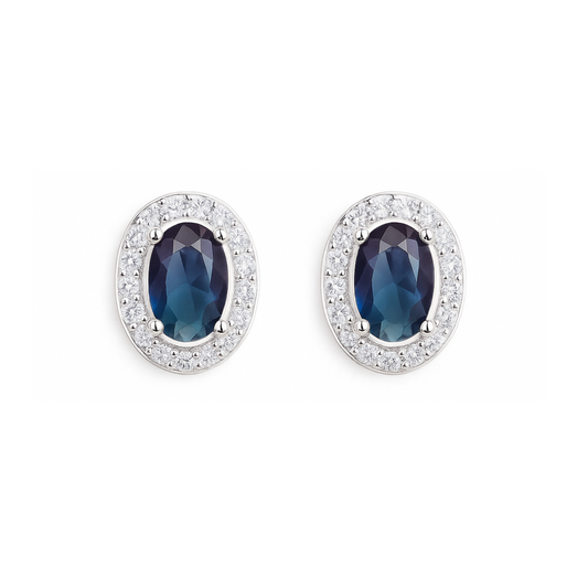 Sterling Silver Halo Stud Earrings Light Blue Aquamarine / Sapphire Blue / Ruby Red / Clear CZ 4mm x 6mm Main Stone