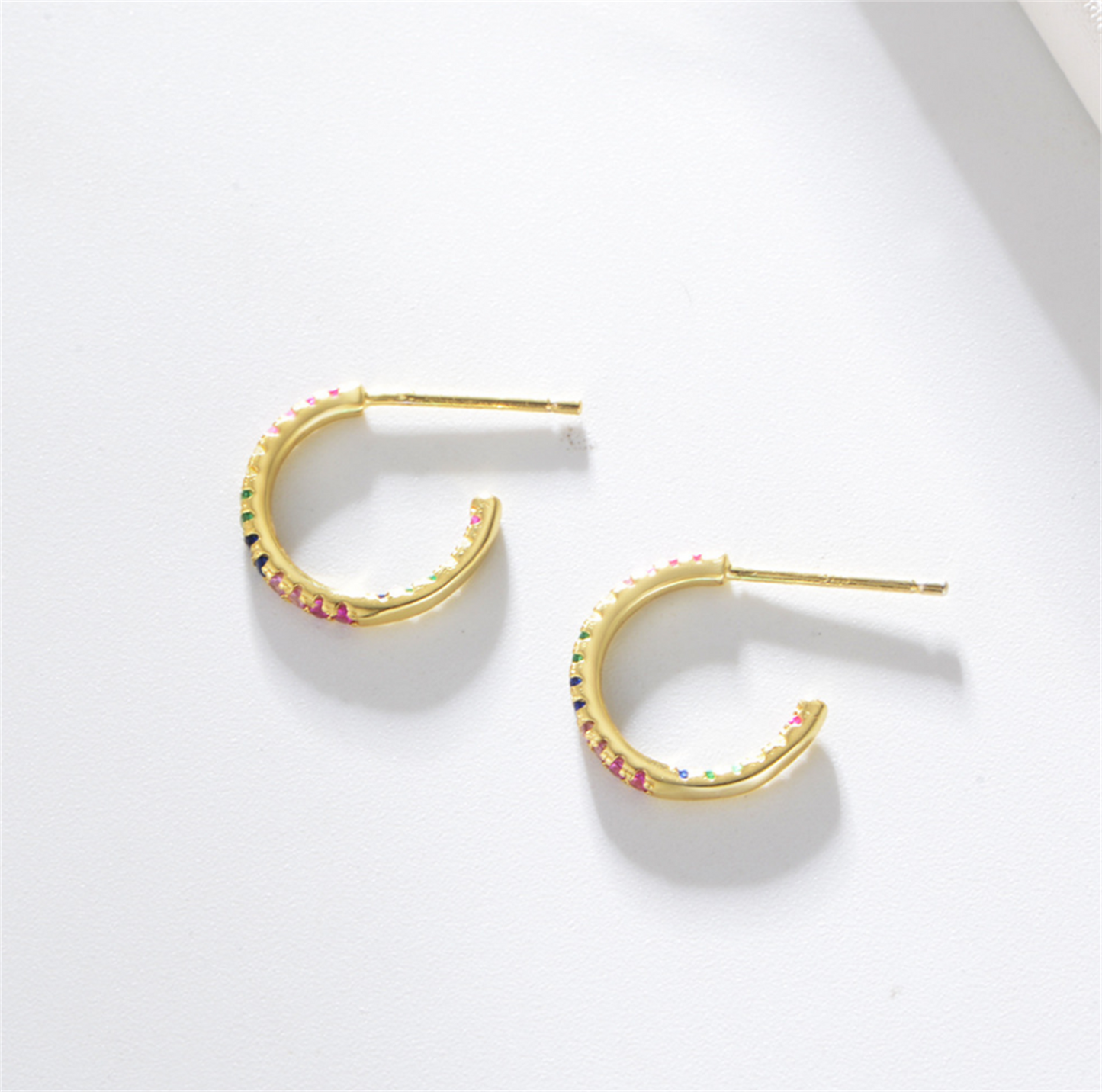 14K Gold Plated Sterling Silver Eternity Hoop Earrings with Rainbow CZ and Synthetic Turquoise - sugarkittenlondon