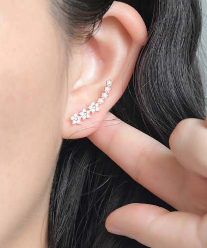 Sterling Silver Paved CZ Curved Line Star Flower Post Drop Climber Earrings 3 Tones - sugarkittenlondon