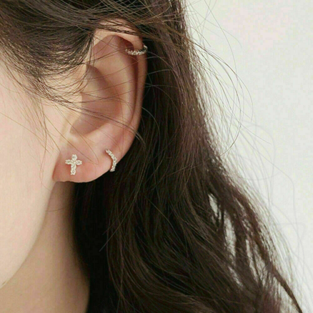 6mm-8mm Sterling Silver Wishbone CZ Huggie Lobe Earrings with Plain Bead Edge - sugarkittenlondon