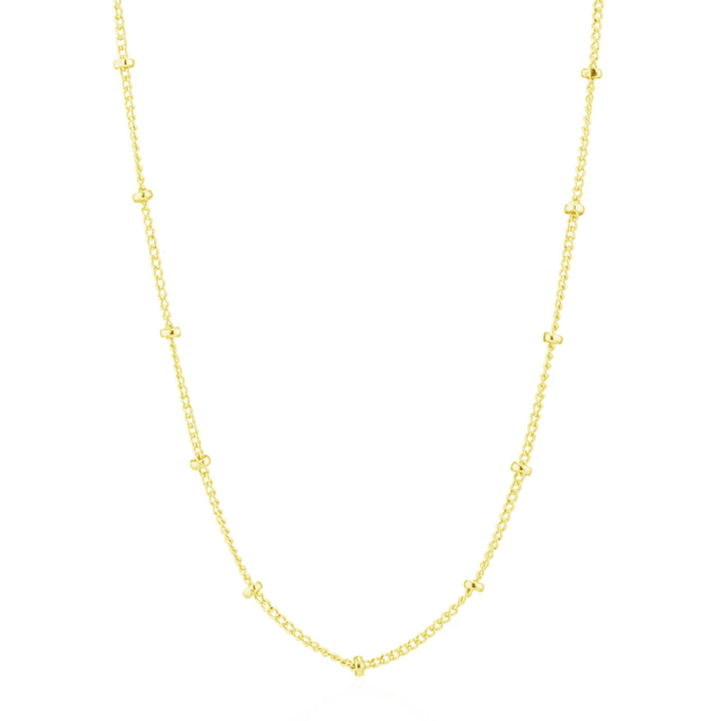 Gold beaded satellite chain necklace, full length with evenly spaced bead links.