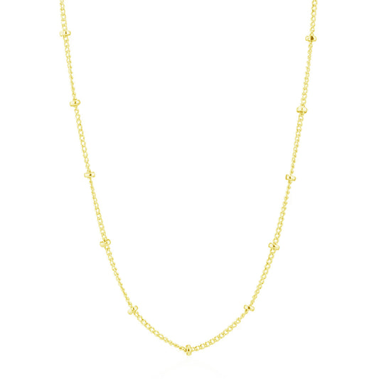 Gold beaded satellite chain necklace, full length with evenly spaced bead links.