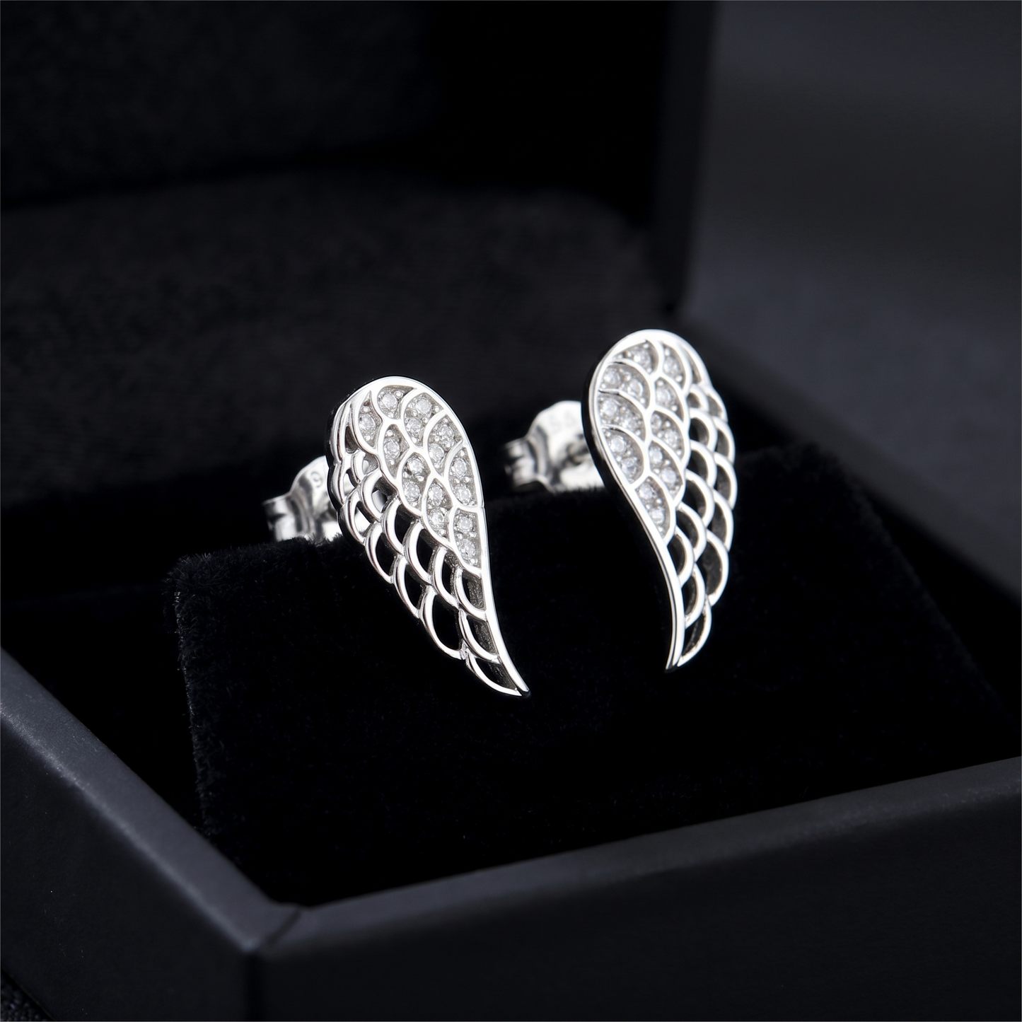 Angel wing stud earrings, larger full paved wing with layered cutout edges