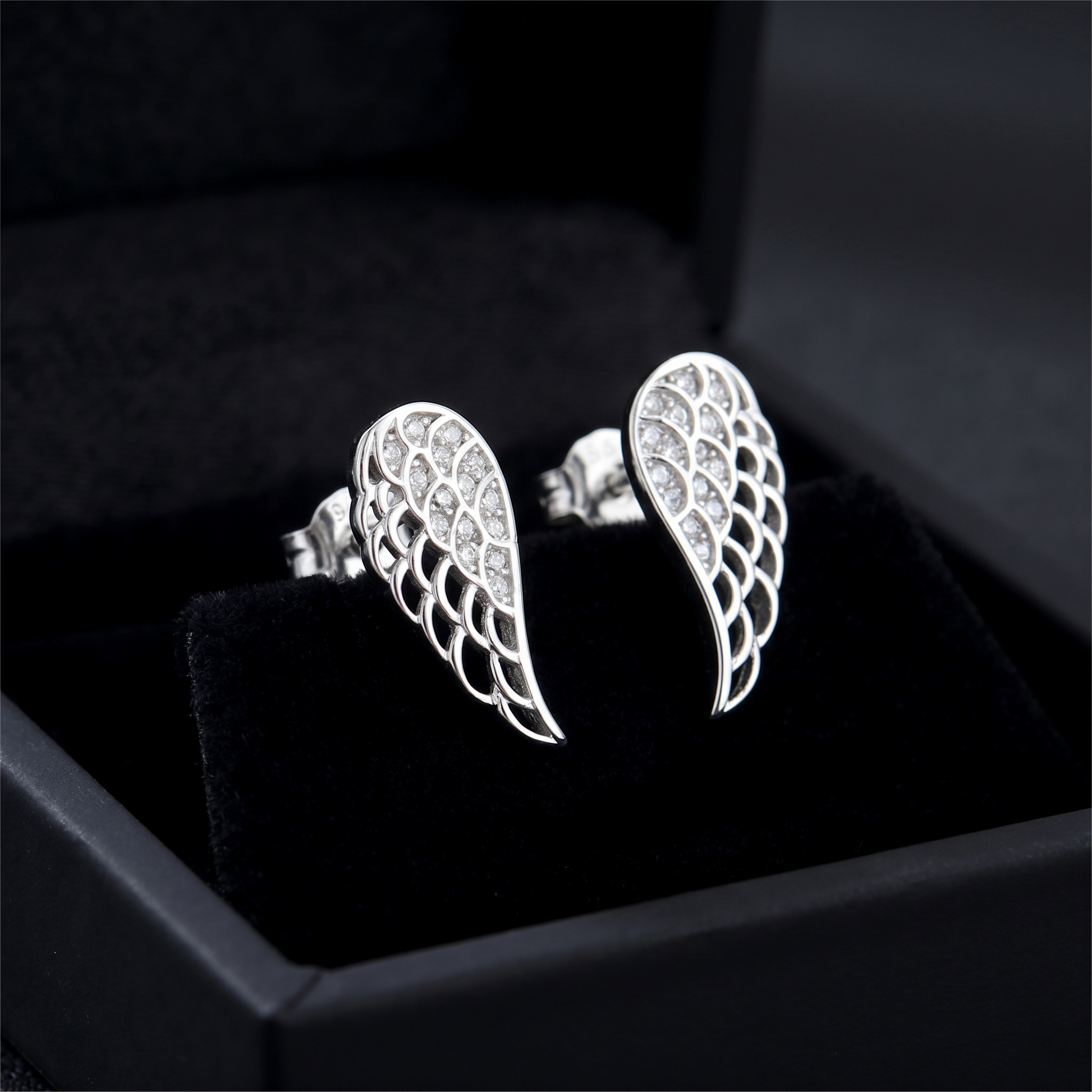 Angel wing stud earrings, larger full paved wing with layered cutout edges