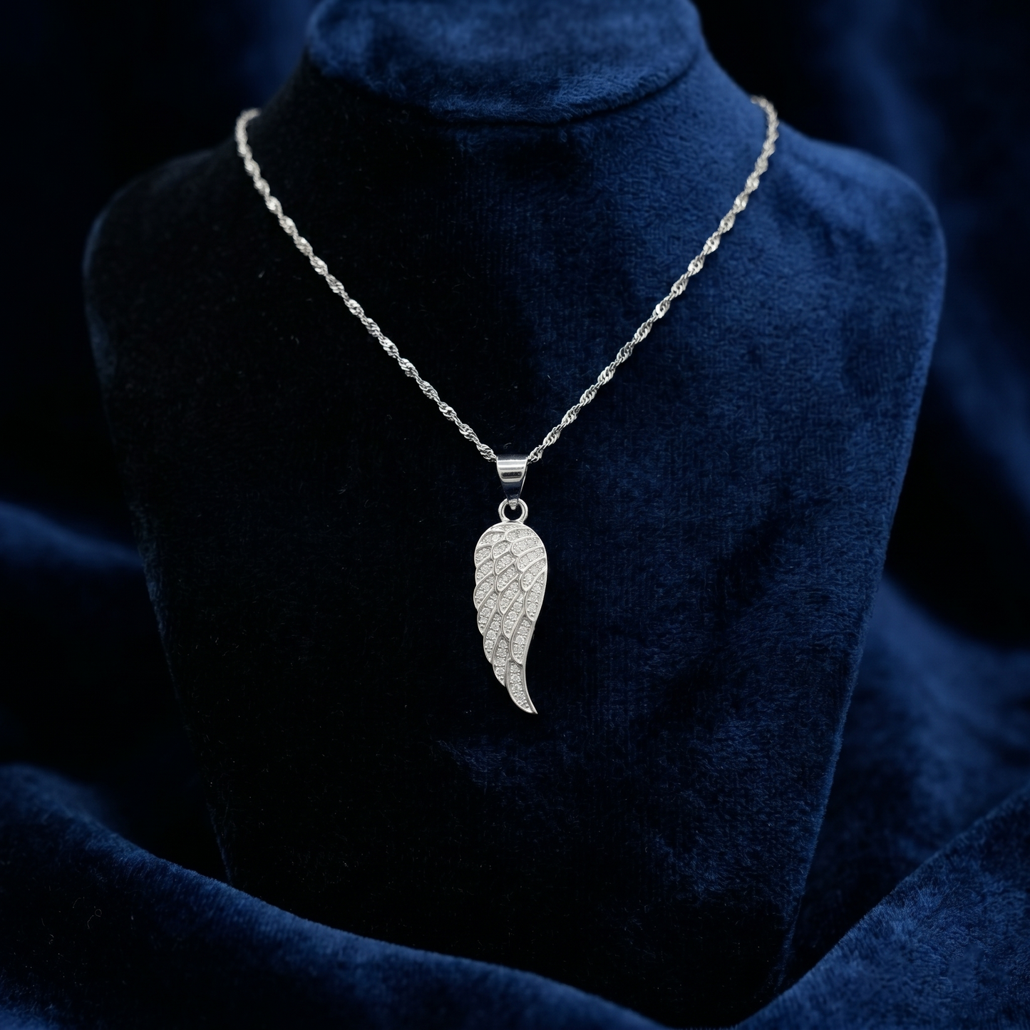 Angel wing pendant necklace, full paved wing charm with crystal rows on chain