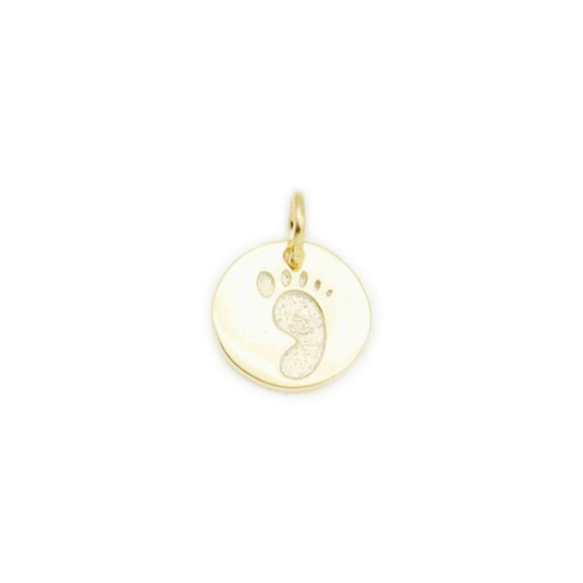 Round gold print charm pendant with bail loop and toe details, isolated